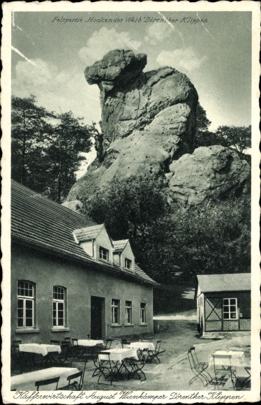Ak Ibbenbüren im Tecklenburger Land, Kaffeehaus zu den Dörenther Klippen, Aug. Wienkämper, Felsen