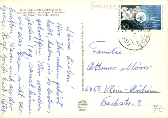 Postcard Bayerisch Eisenstein, view from the large Arber, Bohemian Eisenstein, border