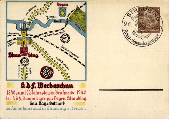 Ganzsachen Landkarten Ak KdF Werbeschau in Straubing 1940, Landkarte, Bogen, Wappen
