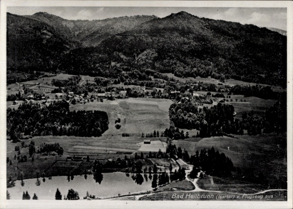 Postcard Bad Heilbrunn in Upper Bavaria, aerial photograph, landscape, mountain landscape, water areas, place