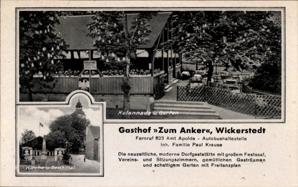 Ak Wickerstedt Bad Sulza inThüringen, Gasthof zum Anker, Inh. Paul Krause, Kirche, Denkmal