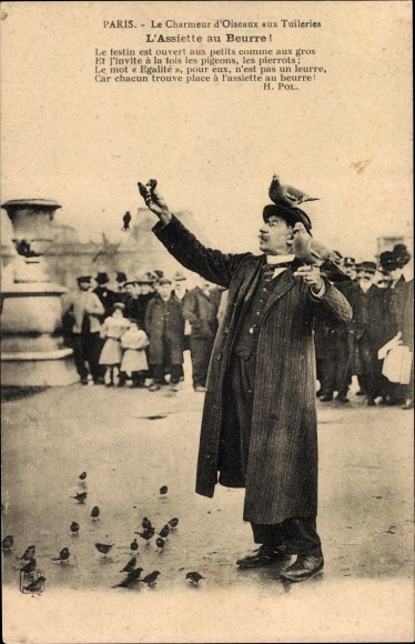 Postcard Paris, The Bird Charmer at the Tuileries, The Butter Plate, Mann füttert Vögel