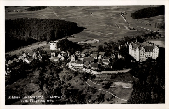 Postcard Fischbachtal in the Odenwald, Lichtenberg Castle, aerial photograph