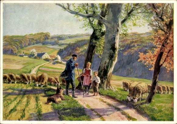 Artist Postcard Hey, P., On the Way, Shepherd, Children, Sheep