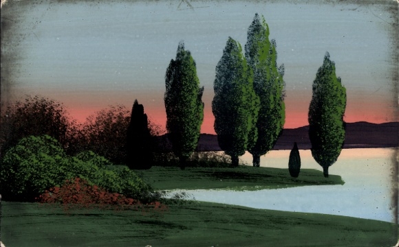 Hand-painted Postcard river section, trees by the water