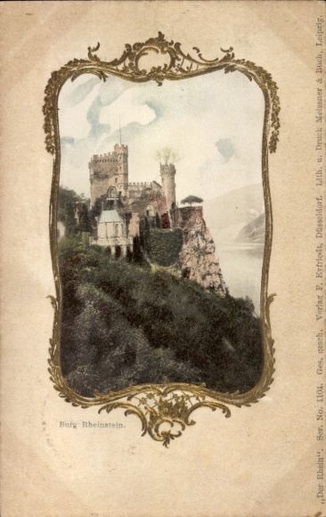 Postcard Trechtingshausen am Rhein, Rheinstein Castle, beautiful view of the castle, colored illustration