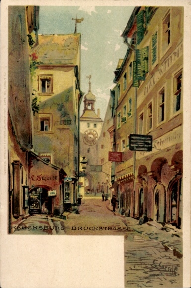 Kunstenaars Ak Regensburg aan de Donau Opper-Palts, Brückenstraße