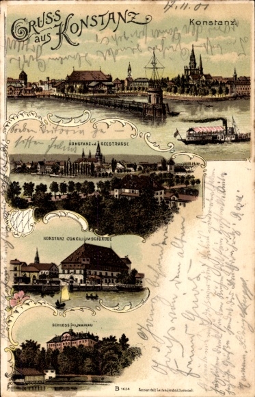 Chromo-Litho Konstanz on Lake Constance, Council Building, Mainau Castle