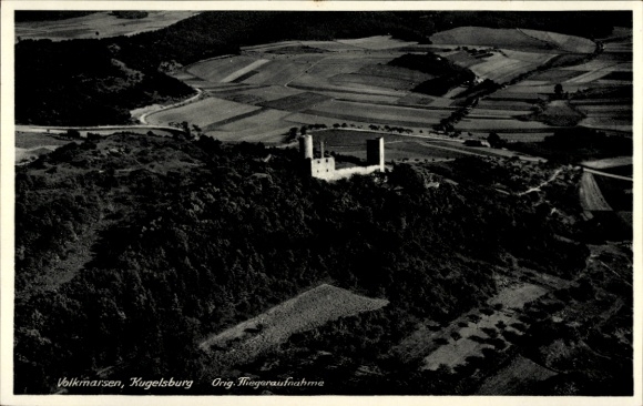 Postcard Volkmarsen in Hessen, castle ruin Kugelsburg, aerial photograph