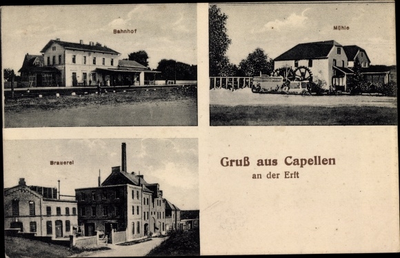 Ak Capellen an der Erft Kapellen Grevenbroich, watermolen, brouwerij, treinstation, langs het spoor