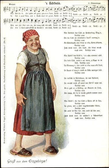 Song Postcard Mückenberger, Hilmar, &#39;s Bärbele, Erzgebirge dialect, costume, Wilhelm Vogel