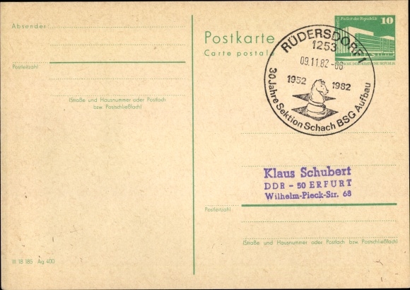 Papeteria pocztowa KP szachy, stempel: Rüdersdorf, 30 lat sekcja szachy BSG konstrukcja, 1952 - 1982
