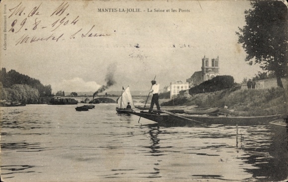 Ak Mantes la Jolie Yvelines, Seine, Brücke, Dampfer, Boote