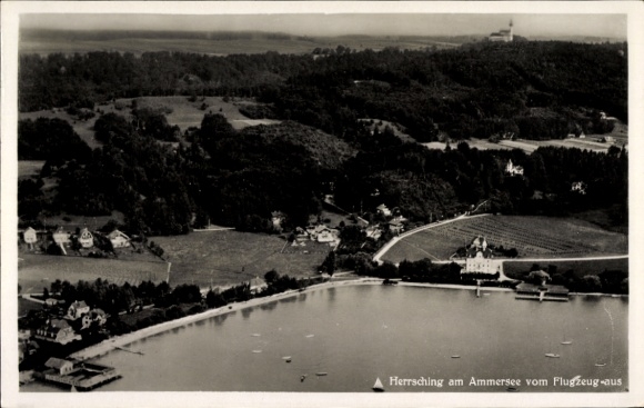 Postcard Herrsching am Ammersee, aerial photograph, Ammersee, blue sky, houses, water, forests
