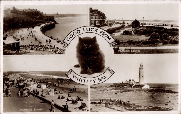 Postcard Whitley Bay Northeast, promenade, sand, lighthouse