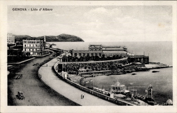 Ak Nervi Genova Genua Liguria, Schwarz-Weiß-Ansicht von Lido d'Albaro, Strandpromenade, Meer, Geb