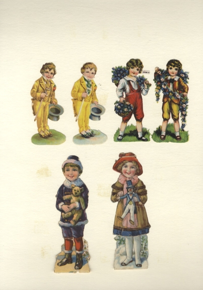 6 wafli dzieci z kwiatami, lalka, miś, ok. 12 x 4 cm i 8,5 x 3,5 cm