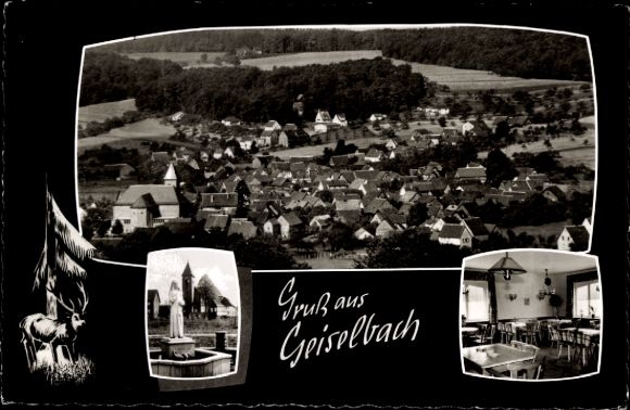 Postcard Geiselbach in Lower Franconia, general view, church, fountain, inn Grüner Baum
