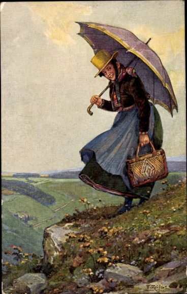 Künstler Ak Reiss, Fritz, Schwarzwälder Leben, Schwarzwälderin, Schirm