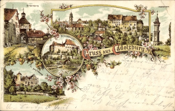 Chromo-Litho Cadolzburg in the Fürth district of Middle Franconia, castle exit, observation tower, general views