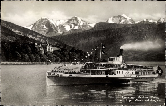 PC Canton Bern, Lake Thun, Hünegg Castle, Eiger, Mönch, Jungfrau, Blümlisalp saloon steamer