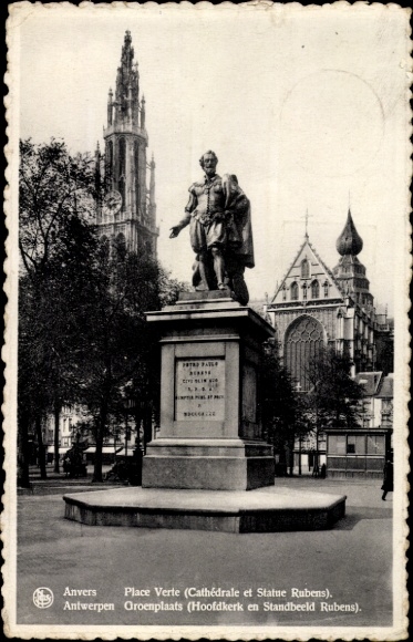 Postkaart Antwerpen Vlaanderen, standbeeld van Rubens, kathedraal op de achtergrond, pleinzicht, Antwerpen