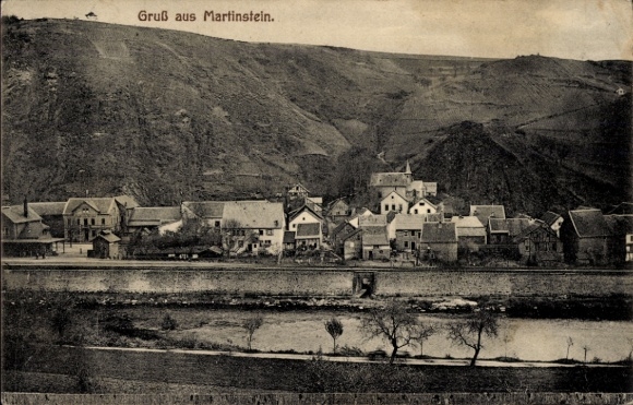 Postcard Martinstein an der Nahe, beautiful landscape, houses, river, mountains, historical style