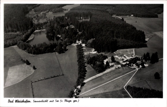 Postcard Bad Wörishofen in Unterallgäu, aerial view of Sonnenbüchl, forest, lake