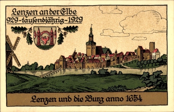 Litografia KP Lenzen nad Łabą, wieś z zamkiem rok 1654