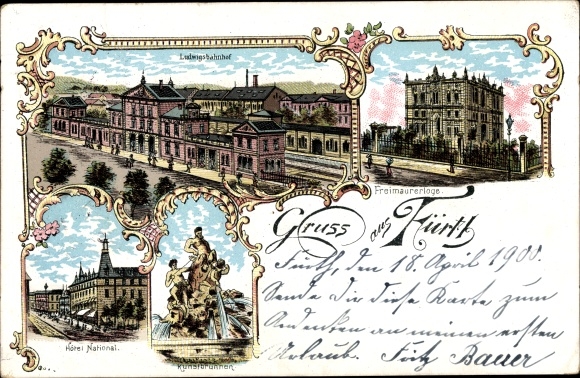 Litho Fürth in Mittelfranken Bayern, Hotel National, Ludwigsbahnhof, Denkmal