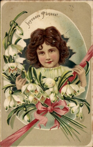 Embossed Postcard Congratulations Easter, girl, flowers