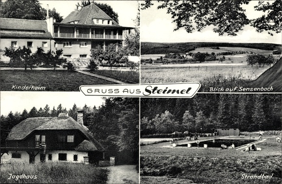 Postcard Steimel in the Westerwald, children&#39;s home, hunting lodge, lido, Sensenbach