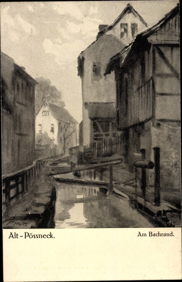 Kunstenaarskaart Franz Huth, Pößneck in Thüringen, aan de rand van de beek