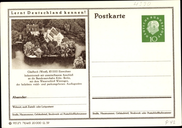 Briefkaart ansichtkaart Gladbeck in het Ruhrgebied van Westfalen, waterburcht Wittringen