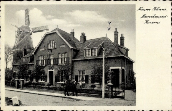 Postcard Nieuweschans Nieuwe Schans Groningen Netherlands, Marechaussee barracks, windmill