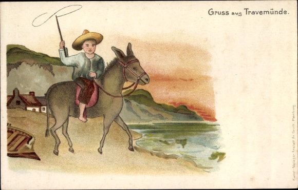 Artist Chromo-Litho Travemünde Lübeck, boy rides on the donkey on the beach