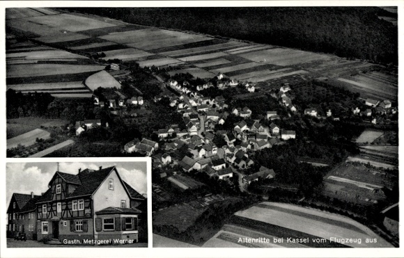 Postcard Altenritte Altenridde Baunatal Hesse, aerial photograph, Gasthaus Metzgerei Werner