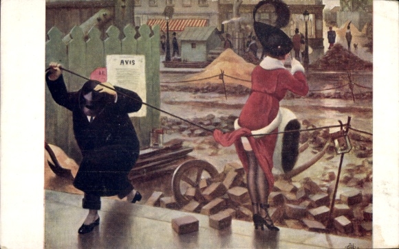 Artist Postcard Guillaume, Albert, Paysage Parisien, woman, stockings, road construction site