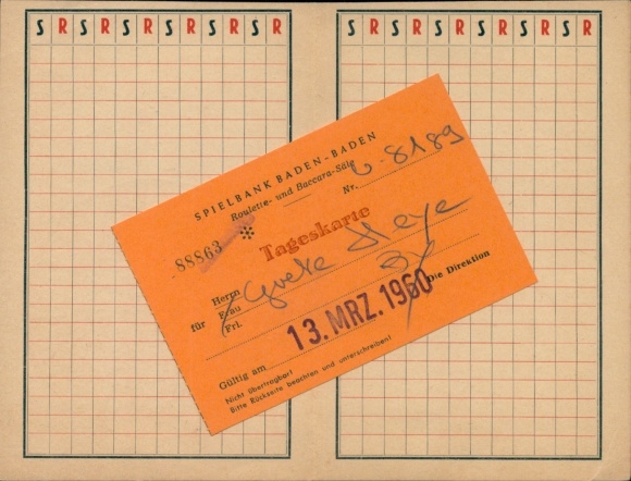 Klapp Postcard Baden Baden am Schwarzwald, Roulca game, game of chance, game rules, day ticket