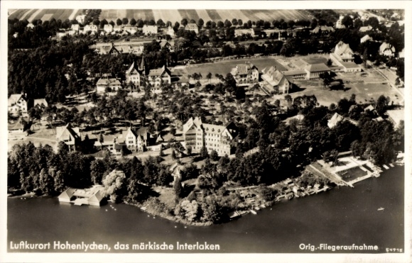 Ak Hohenlychen Lychen in der Uckermark, Luftkurort  märkisches Interlaken, Fliegeraufnahme