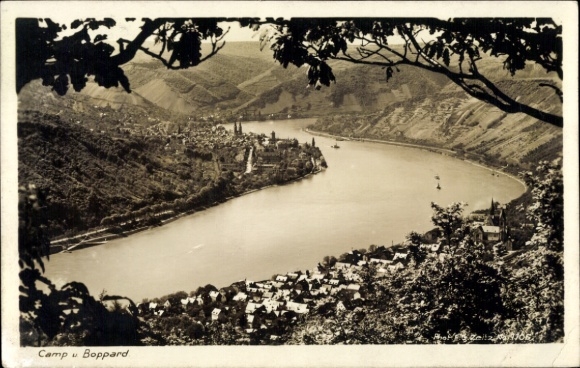 Postcard Boppard am Rhein, view of the Rhine, camp, vineyards, ships