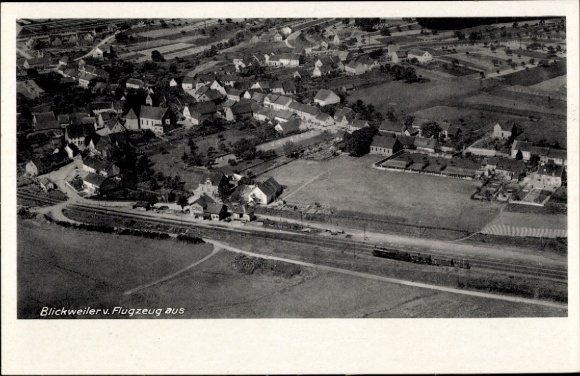 Postcard Blickweiler Blieskastel in Saarland, aerial photograph, train station