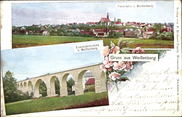 Ak Weißenberg in Sachsen, Panorama, Eisenbahnbrücke