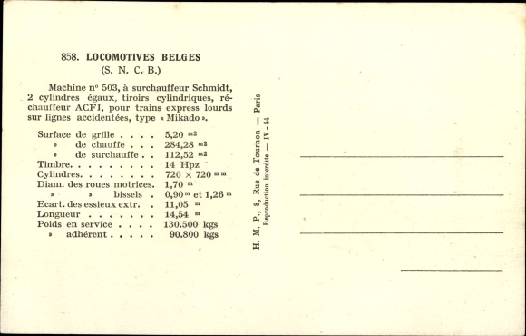 Postcard Belgian Locomotives, Machine 503