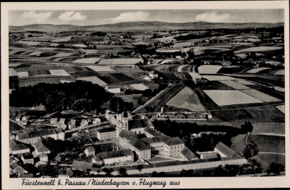 Postcard Passau in Lower Bavaria, aerial view of Fürstenzell, agricultural areas, sights