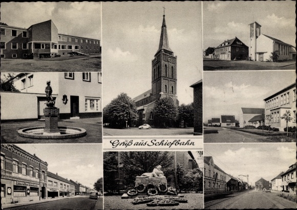 Postcard Schiefbahn Willich am Niederrhein, church, the old brewery, war memorial, fountain