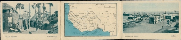 Klapp Ak Haute Volta Elfenbeinküste, Village Indigène, Dakar Senegal, Port, Landkarte