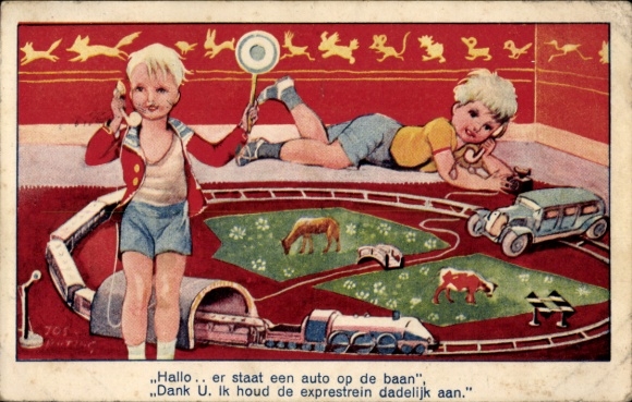 Künstler Ak Junge beim Telefonieren, Eisenbahn, Spielzeug