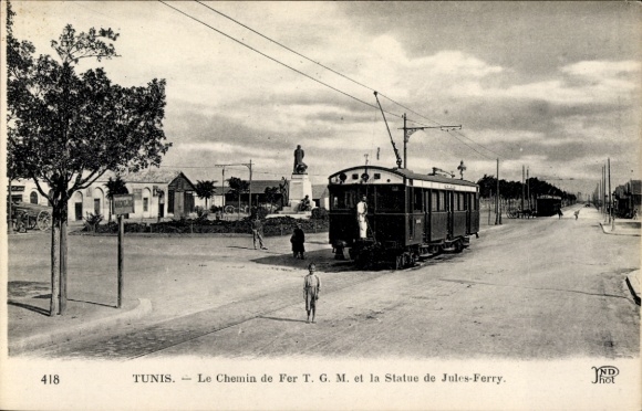Postcard Tunis Tunisia, Railway TGM, Statue Jules Ferry