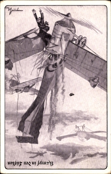 Artist Postcard Fight in the Skies, Air Combat, WWI, Fighter Planes